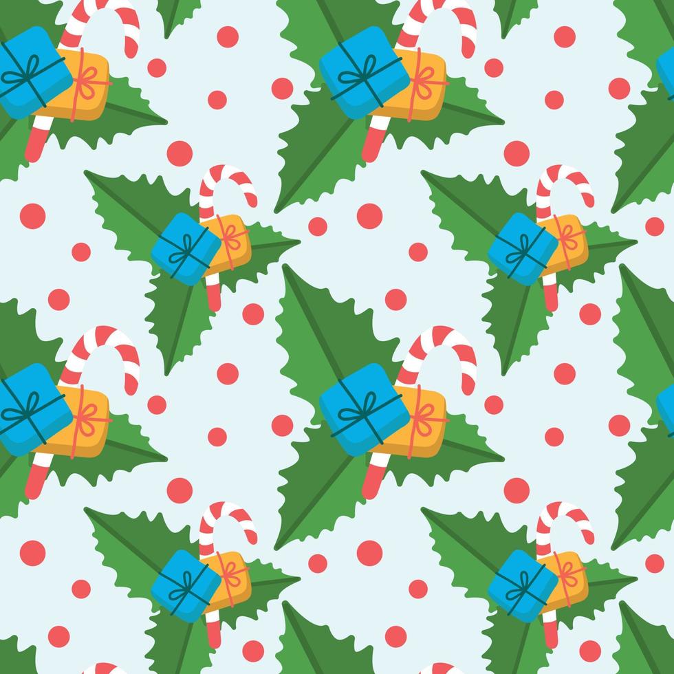 Vector seamless Christmas background with holly flower leaves, New Year gift and candy cane