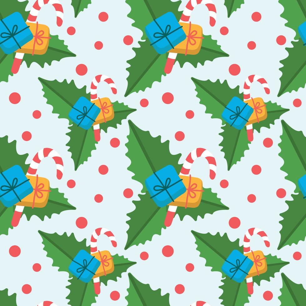 Vector de fondo de Navidad sin fisuras con hojas de flores de acebo, regalo de año nuevo y bastón de caramelo