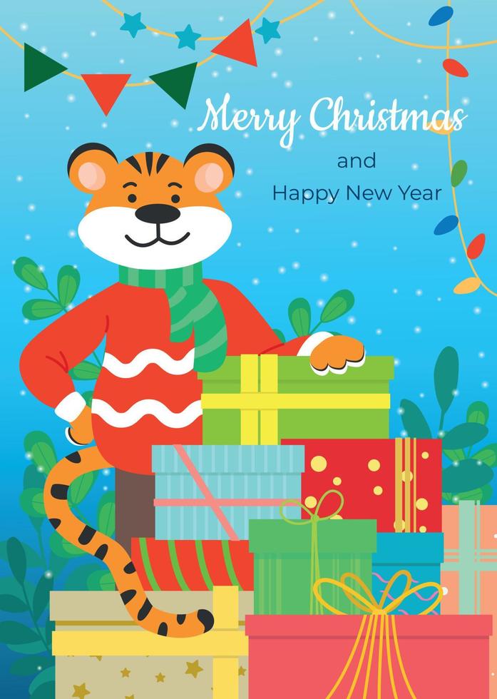 A happy tiger in a sweater congratulates everyone with a mountain of gifts on Christmas and New Year. Vector illustration.
