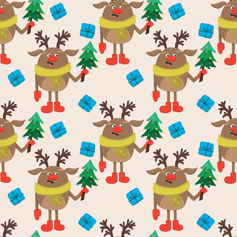 Vector seamless Christmas background with a merry Christmas reindeer in a scarf and a Christmas tree.