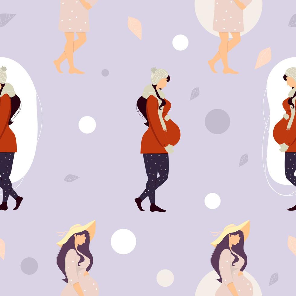 patrón sin costuras con niñas embarazadas. mujeres felices en ropa de invierno y verano sobre fondo morado claro. ilustración vectorial. vector