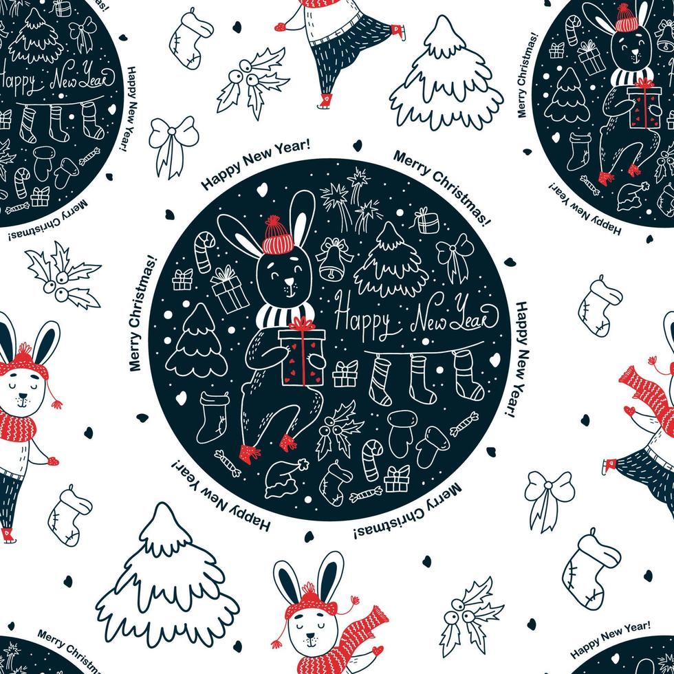 seamless pattern. Christmas Cute hares in winter clothes on white background with blue New Years decor. Vector illustration. outline Linear pattern for decor, design, packaging, wallpaper and textile