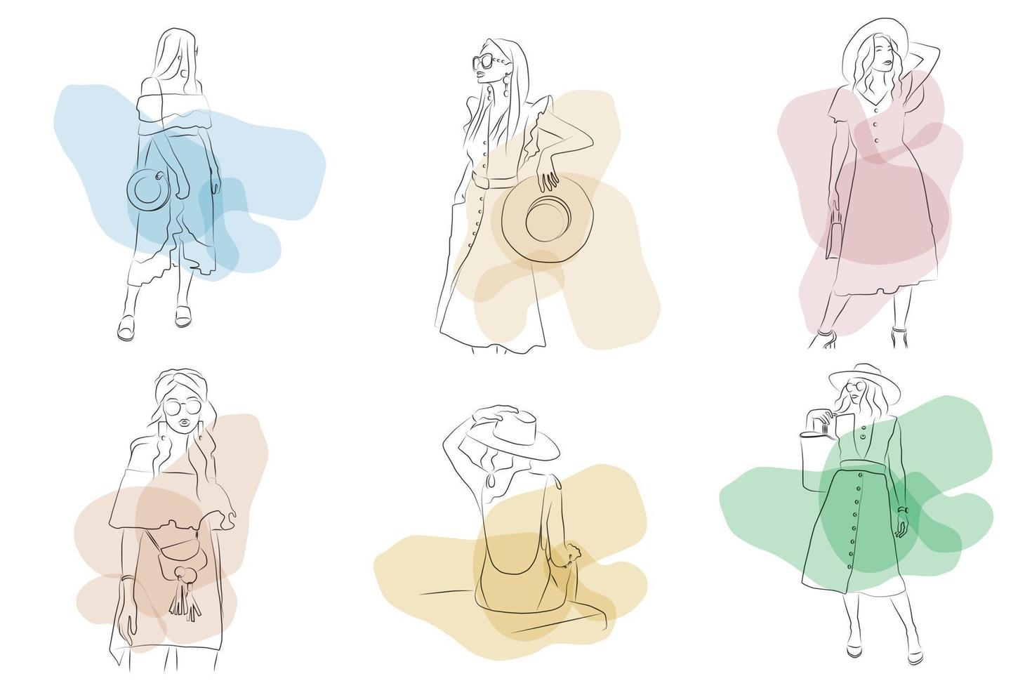 Set of vector linear art fashion sketch with girls in a dress with a bag and a hat.