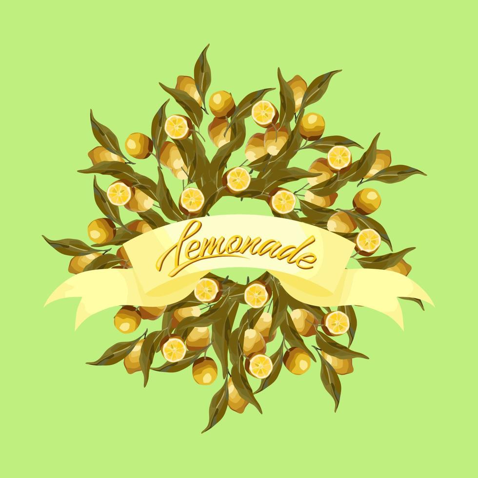 Round wreath of lemon branches with a ribbon. For the lemonade label, summer designs, fresh design. vector