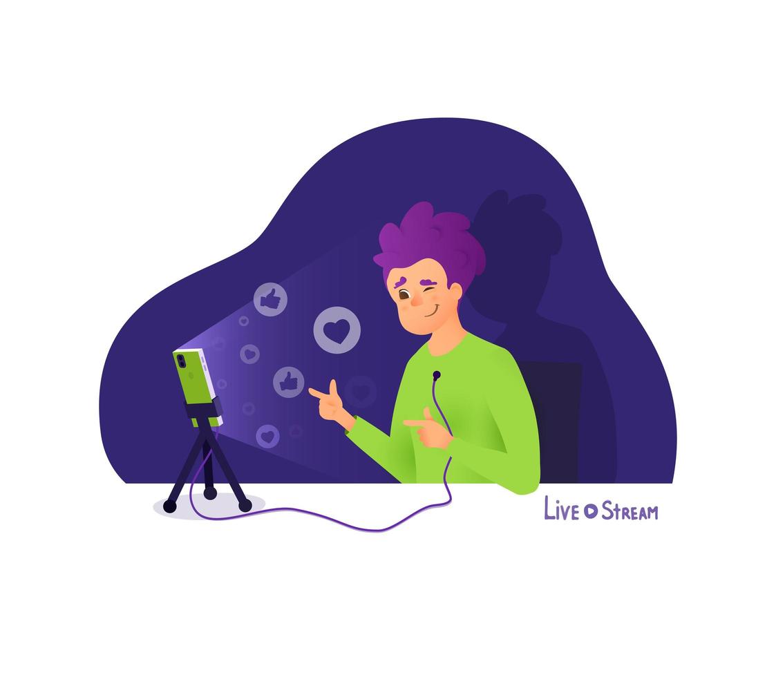 The blogger makes a live stream, broadcasts and receives likes and thumbs. Blogger vector cartoon character. Young vlogger make interview, recording video on his phone.