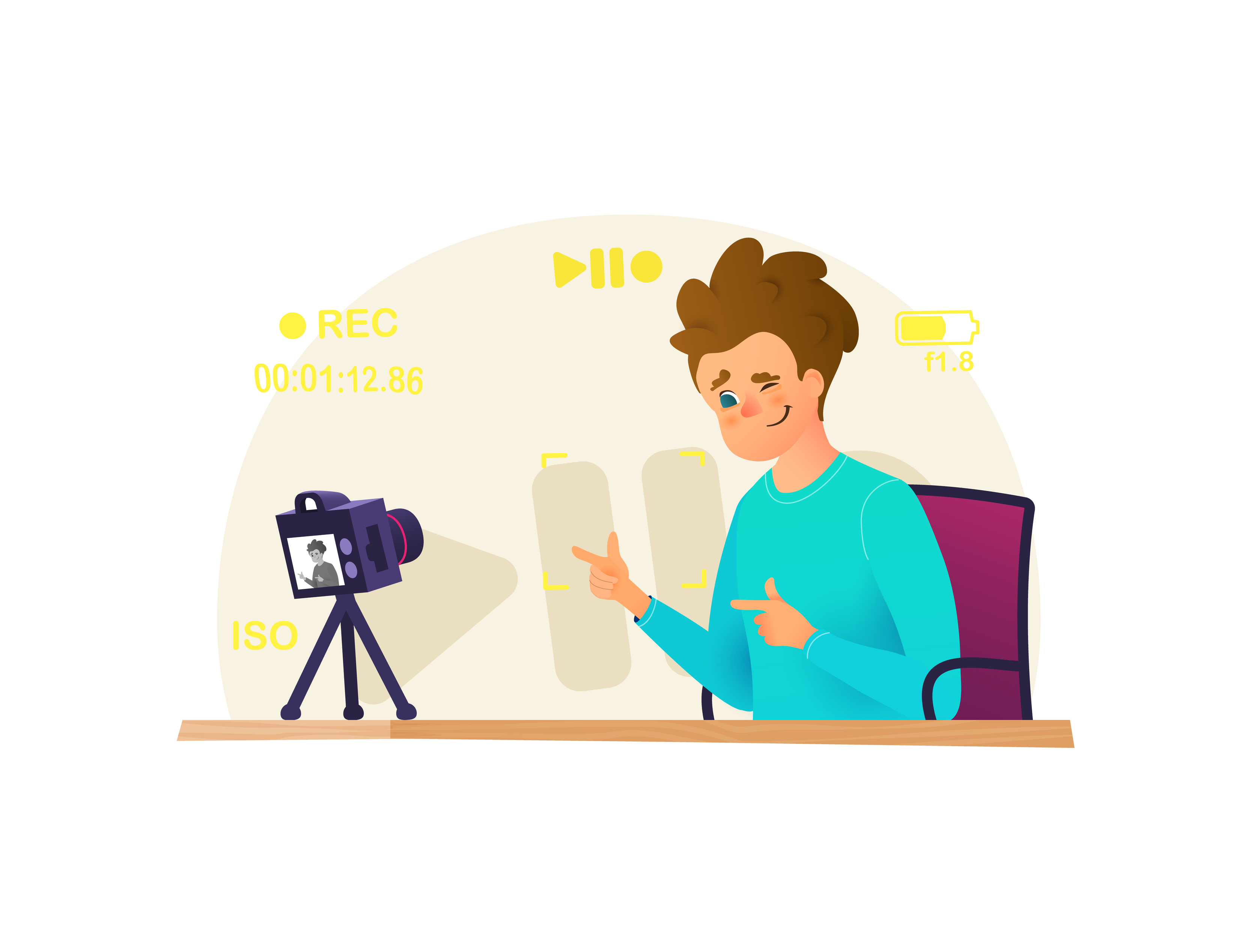 Blogger make interview, recording video on his camera, doing live stream,  broadcasts vector illustration. Vlogger vector cartoon character 4348831  Vector Art at Vecteezy