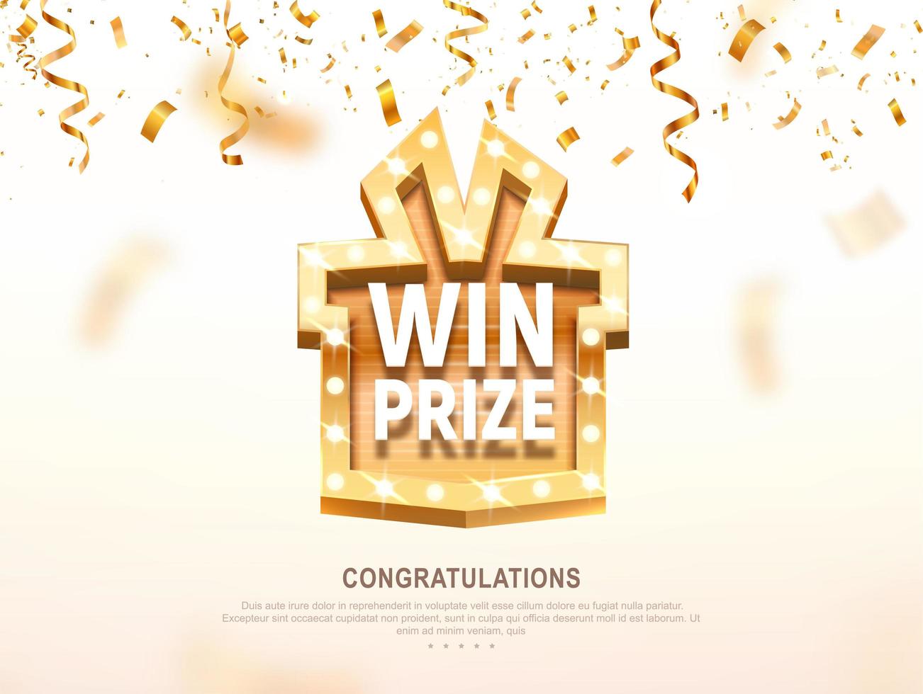 Win prize gift box with golden retro board broadway sign vector illustration. Winning celebration with confetti on light background