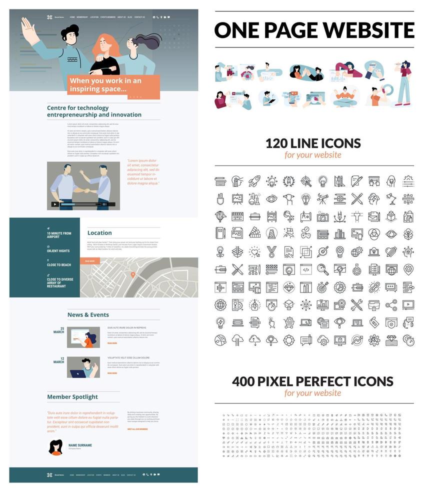 One page website design template. Set of vector illustrations and icons for web design and development. A complete solution for creating a web design.