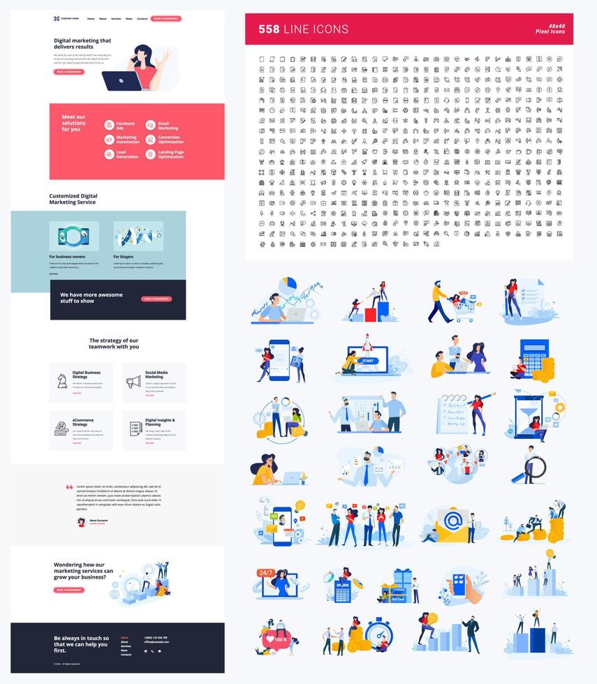 One page website design template. Set of vector illustrations and icons for web design and development. A complete solution for creating a web design.