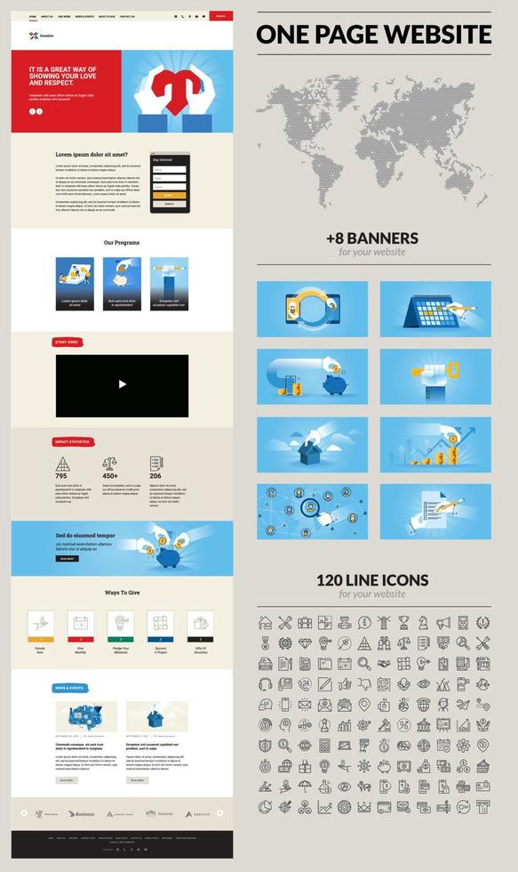 plantilla de diseño de sitio web de una página. conjunto de ilustraciones e iconos vectoriales para diseño y desarrollo web. una solución completa para la creación de un diseño web. vector