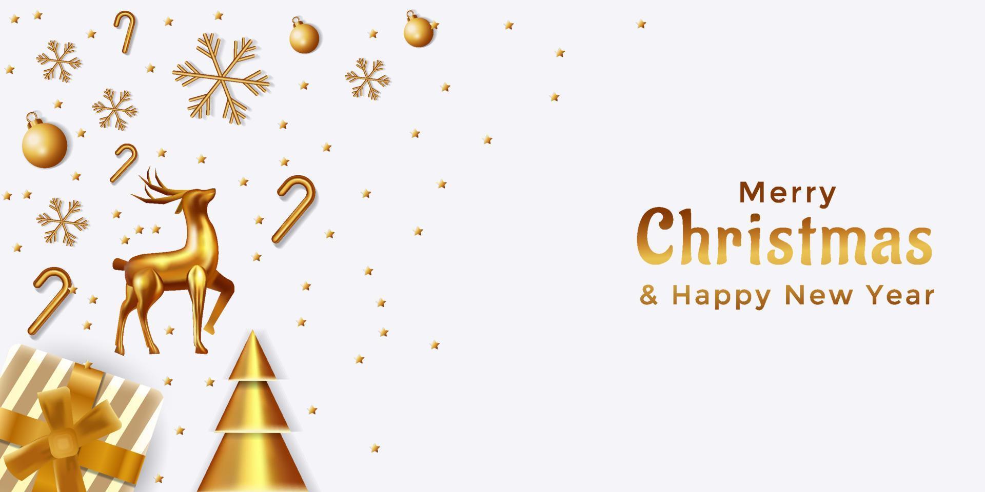 merry christmas and happy new year with golden ornament. stars, snowflake, lamps, deer, and christmas pine tree with gold effect. luxury Christmas background vector