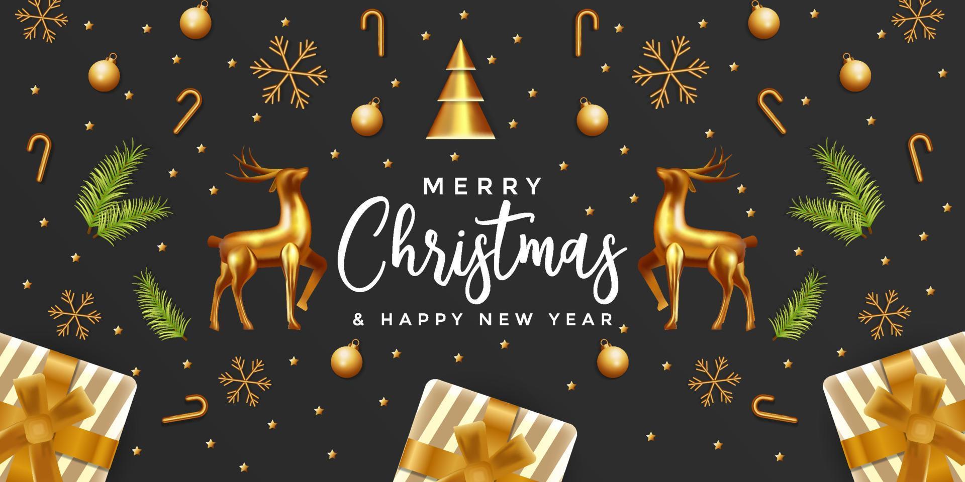 christmas and happy new year with black background. deer, snowflakes, leaves, star, candy, and christmas tree with golden color vector