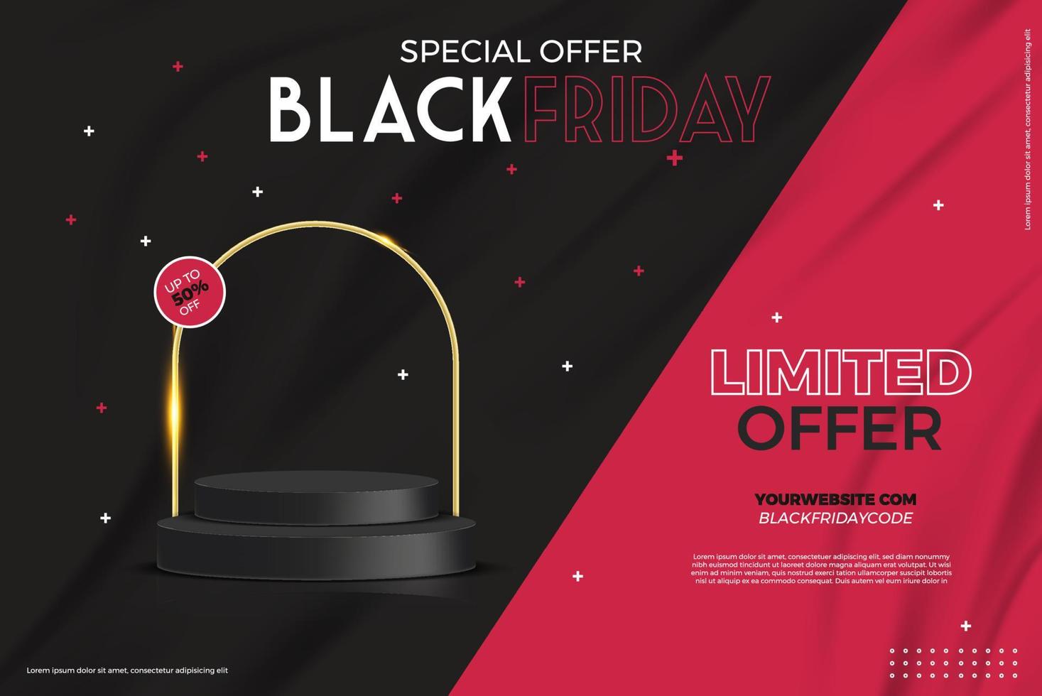 Black Friday Super Sale. Realistic black gifts boxes. Pattern with gift box with red bow. Dark background golden text lettering. Horizontal banner, poster, header website. vector illustration