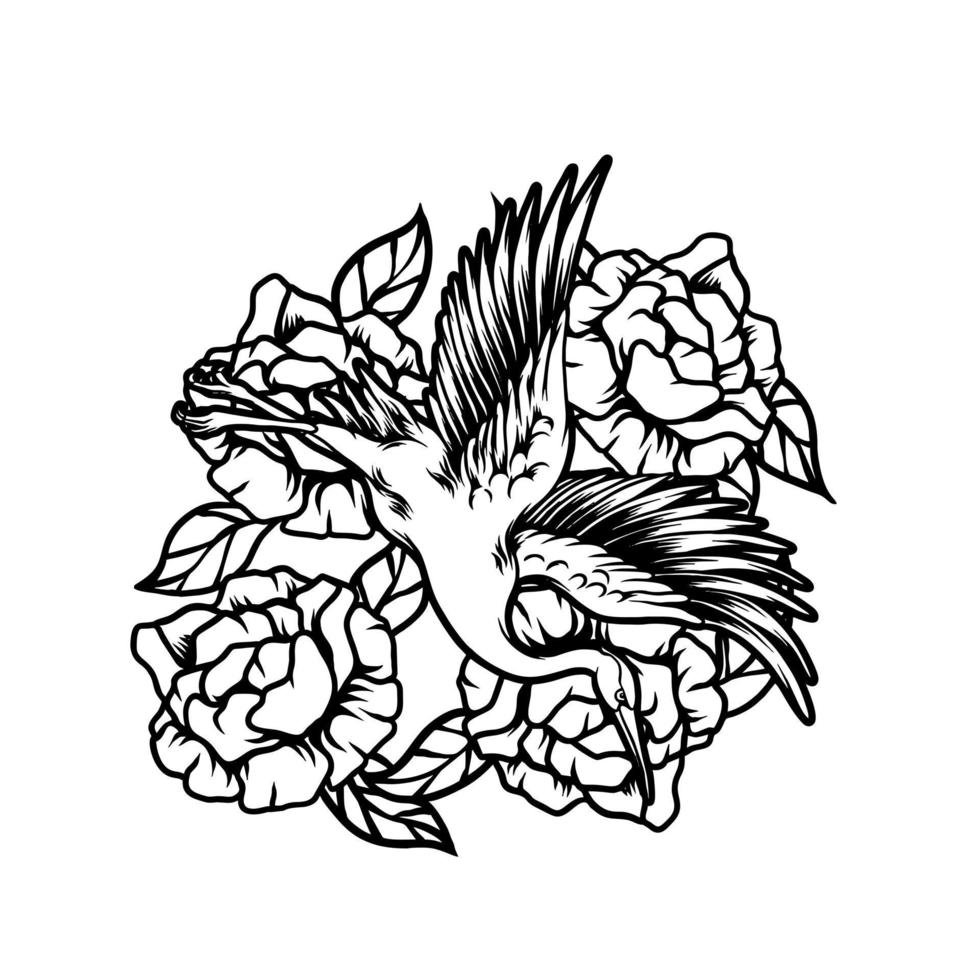 Flying Cranes And Flowers Silhouette vector