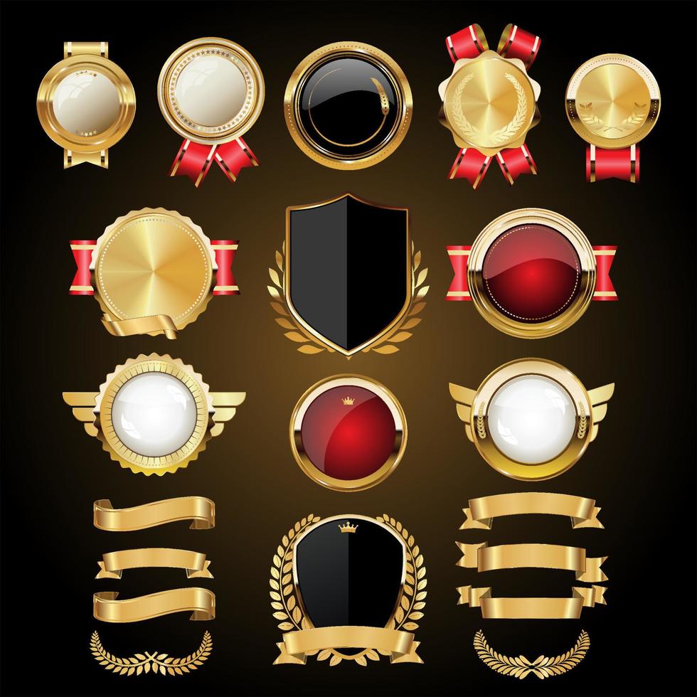 Vector medieval golden shields laurel wreaths and badges collection