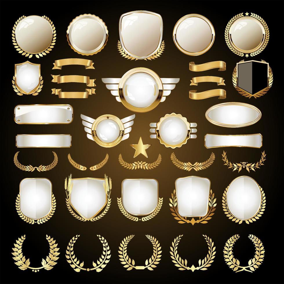 Vector medieval golden shields laurel wreaths and badges collection