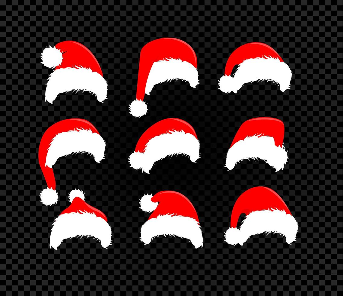 Santa Claus hats set, vector icons, winter red hat collection for merry christmas and new year decoration