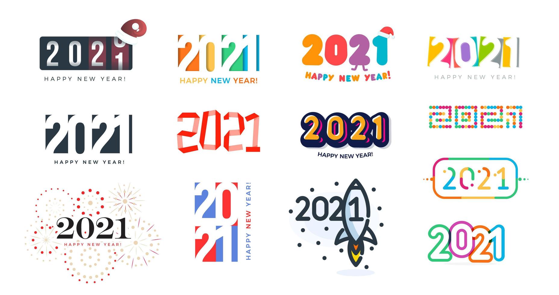 2021 logo set for greeting cards, Happy New Year and Christmas flyers, calendars and invitations to celebration. Creative diverse design in flat, cartoon, business style. Vector illustration.