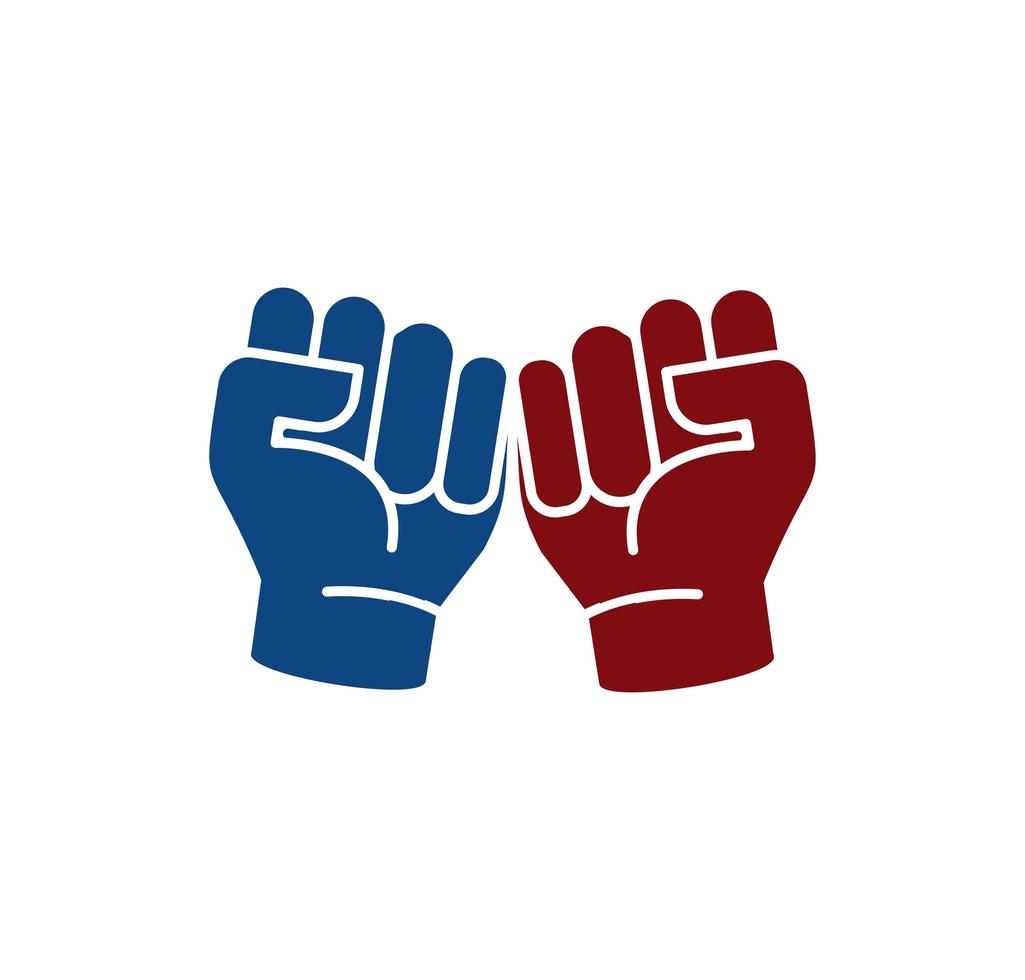 Isolated abstract blue and brown color fists logo. Human hands logotype. Clenched fists icon. Aggressive revolutionary gesture sign. Protest symbol. Vector illustration.