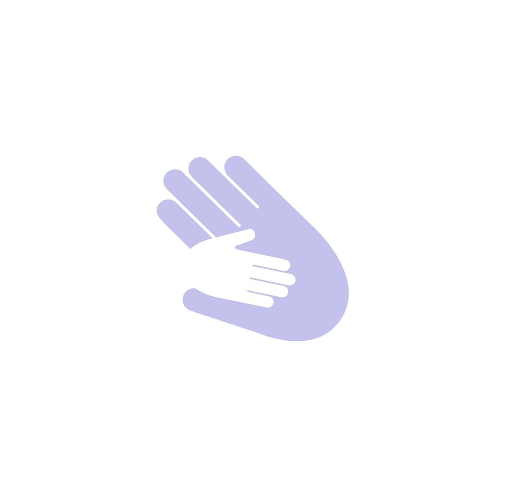 Isolated abstract blue and white adult and child hands logo. Holding hands family logotype. Parent and kid palms icon.Orphanage sign. Negative space.Adoption symbol. Father's care vector illustration.
