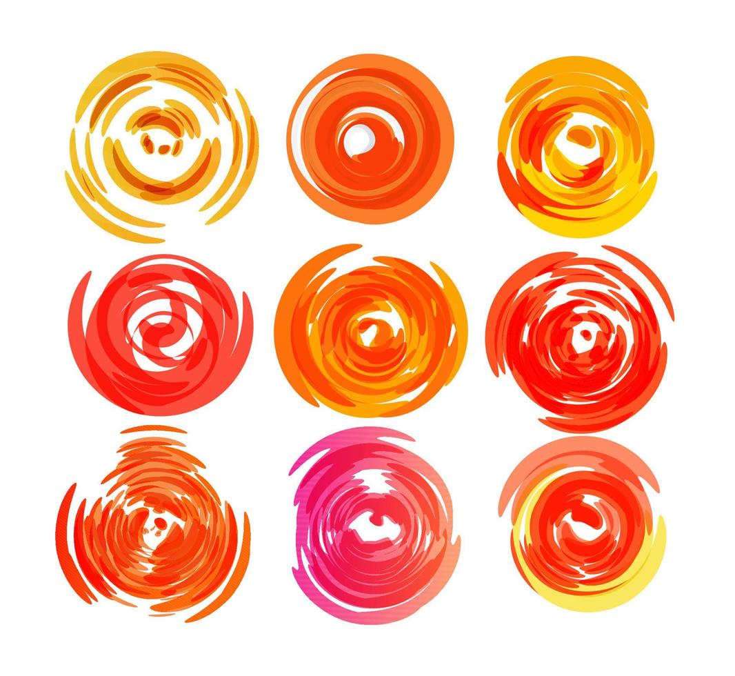 Sun icon set, twisting round shape, red hot sun, cartoon brush drawing, abstract vector illustration, isolated vector illustration. Vector illustration.