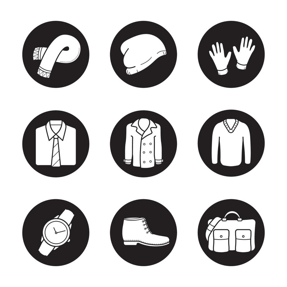 Men's clothes and accessories icons set. Scarf, winter hat, gloves, shirt and tie, coat, sweater, wrist watch, boot, handbag. Vector white illustrations in black circles