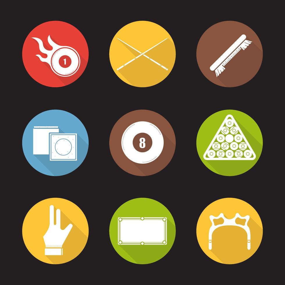 Billiard flat design long shadow icons set. Pool game equipment. Burning ball, crossed cues, brush, chalk, eight ball, ball rack, glove, table and rest head. Vector silhouette symbols