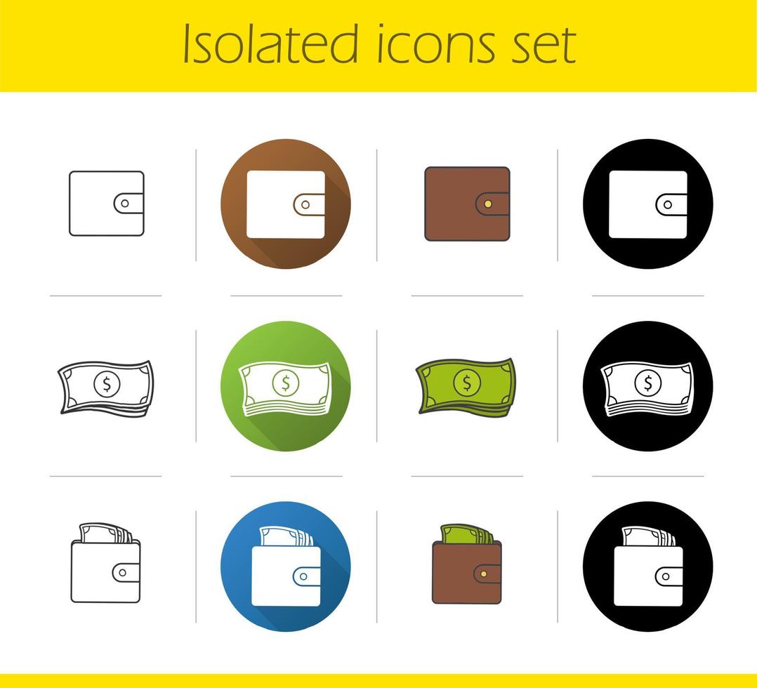 Money icons set. Flat design, linear, black and color styles. Dollar bills stack, leather wallet full of banknotes, purse. Cash. Currency. Isolated vector illustrations