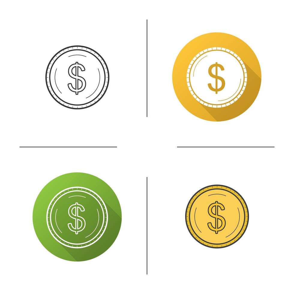 Gold US dollar coin icon. Flat design, linear and color styles. Isolated vector illustrations