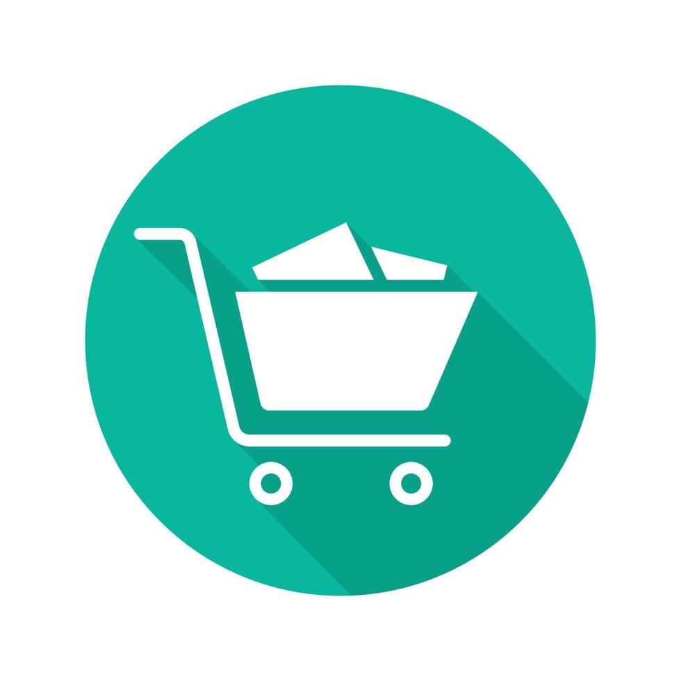 Shopping cart flat design long shadow icon. Electronics store. Shopping cart with boxes on wheels. Vector silhouette symbol
