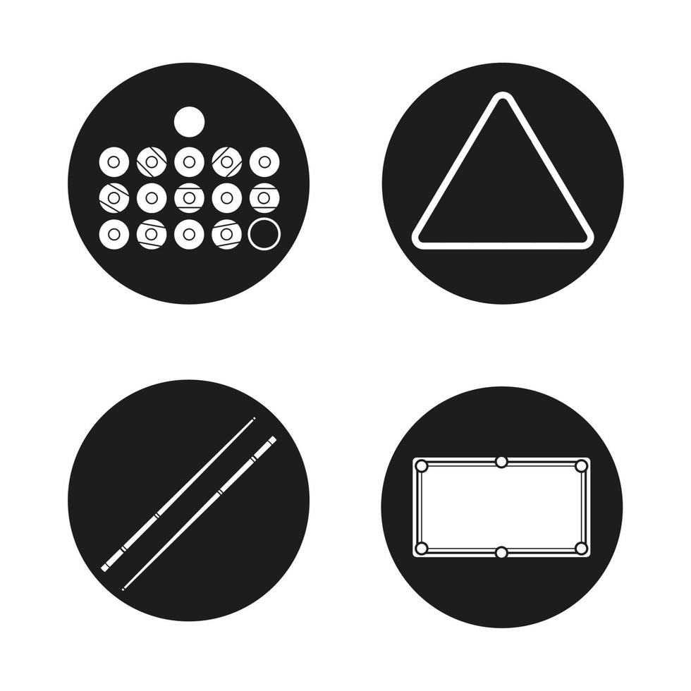 Billiard icons set. Balls, triangle, cues and table. Pool equipment. Snooker accessories. Vector white silhouettes illustrations in black circles