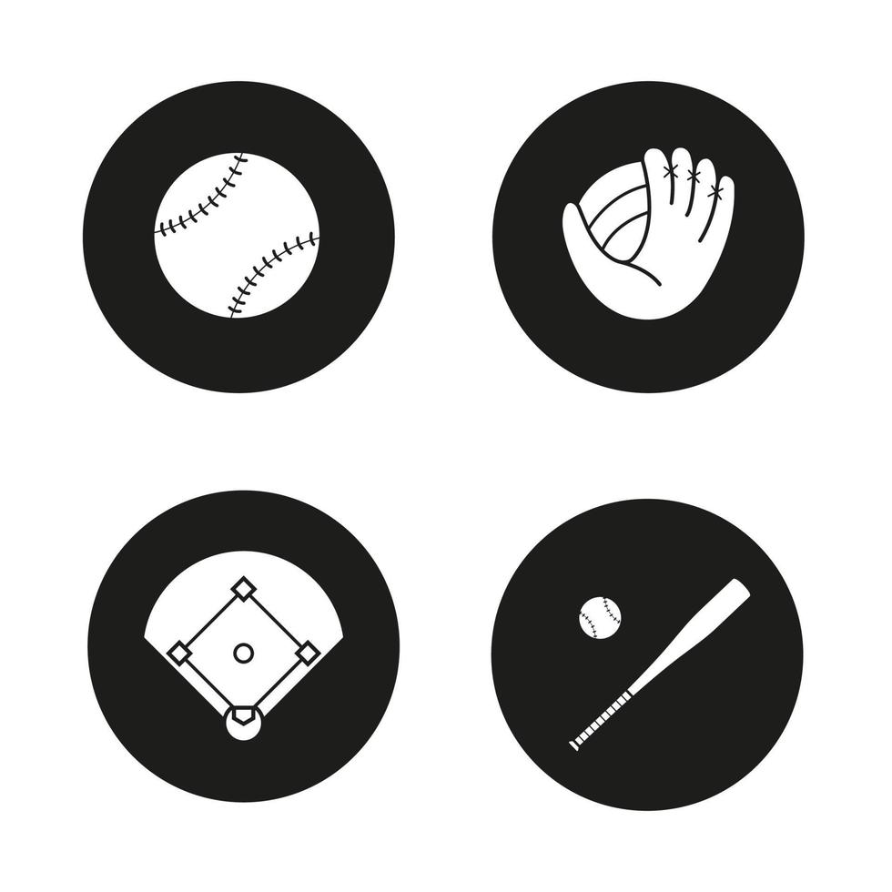 Baseball icons set. Ball, mitt, field and bat. Softball accessories. Vector white illustrations in black circles