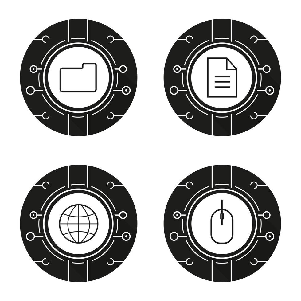 Cyber technology icons set. Cloud computing. Worldwide network, digital storage, web document, network access. Vector white silhouettes illustrations in black circles