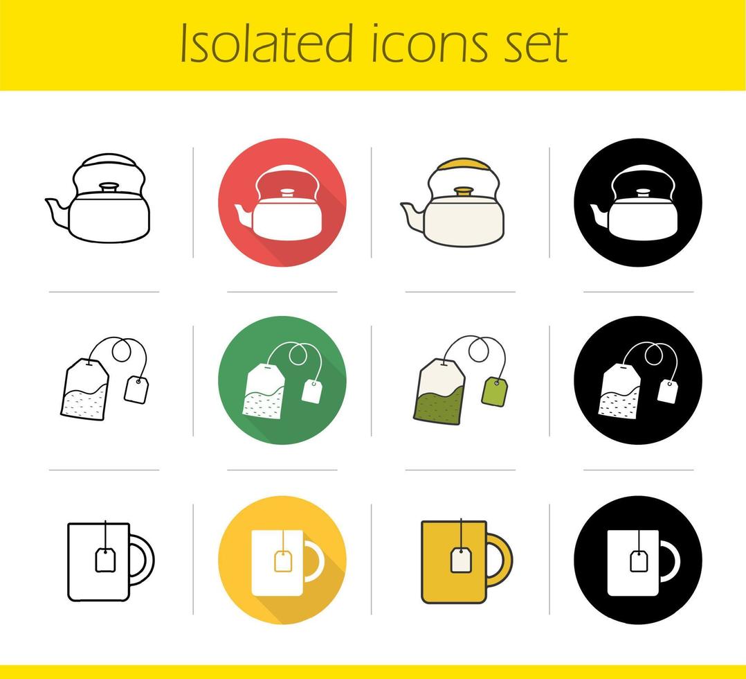 Tea icons set. Flat design, linear, black and color styles. Kettle, green teabag, mug with tea bag label. Isolated vector illustrations