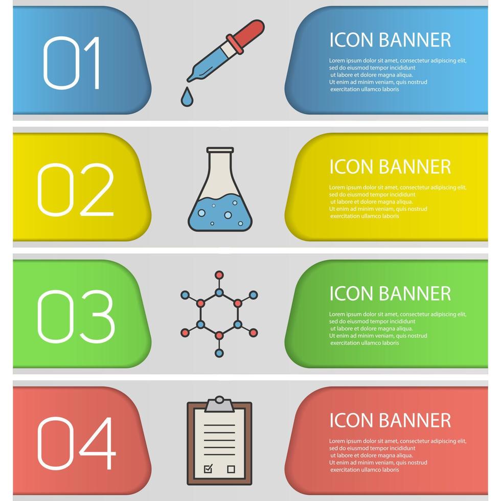 Science laboratory banner templates set. Easy to edit. Pipette with drop, boiling beaker, molecular structure and lab clipboard. Website menu items. Color web banner. Vector headers design concepts