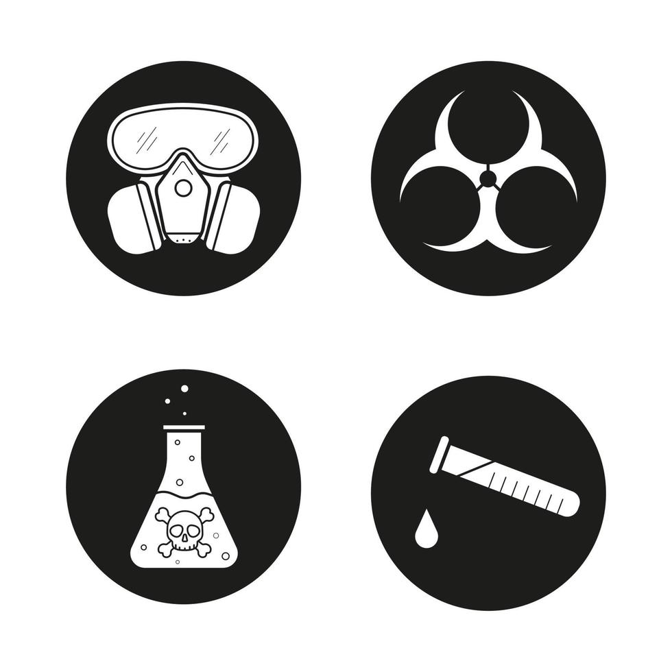 Chemical industry icons set. Gas mask, poison liquid, chemical test tube and biohazard danger symbol. Vector white illustrations in black circles