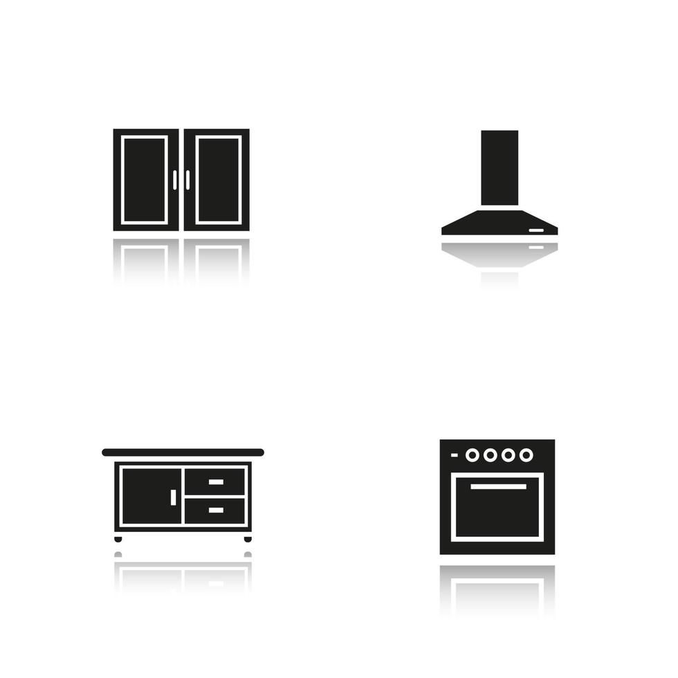 Kitchen interior drop shadow black icons set. Range hood, stove, kitchen counter and cabinet. Isolated vector illustrations