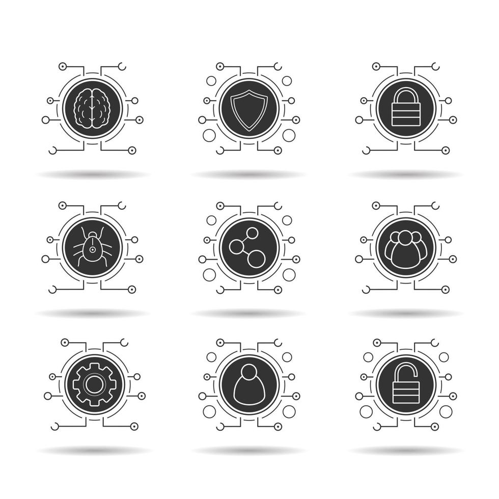 Cyber security icons set. Cloud computing. Neural networks, user group, digital connections, network settings, access denied, network admin. Vector white silhouettes illustrations in black circles