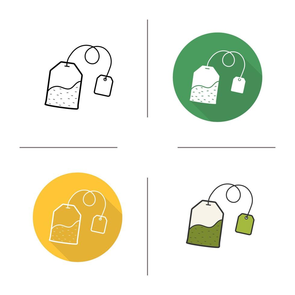 Tea bag icon. Flat design, linear and color styles. Green teabag label. Isolated vector illustrations