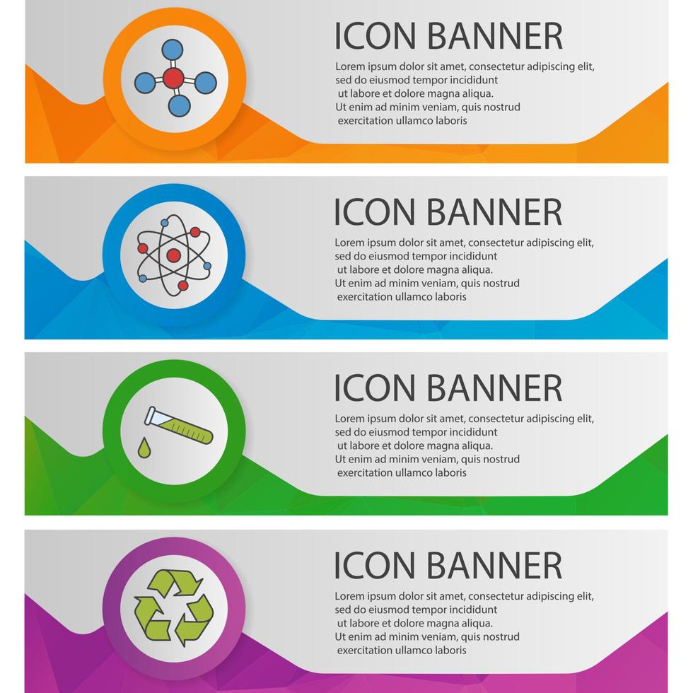 Chemistry banner templates set. Easy to edit. Atom and molecule, recycle symbol, chemical test tube website menu items. Color polygonal web banner concepts. Vector backgrounds
