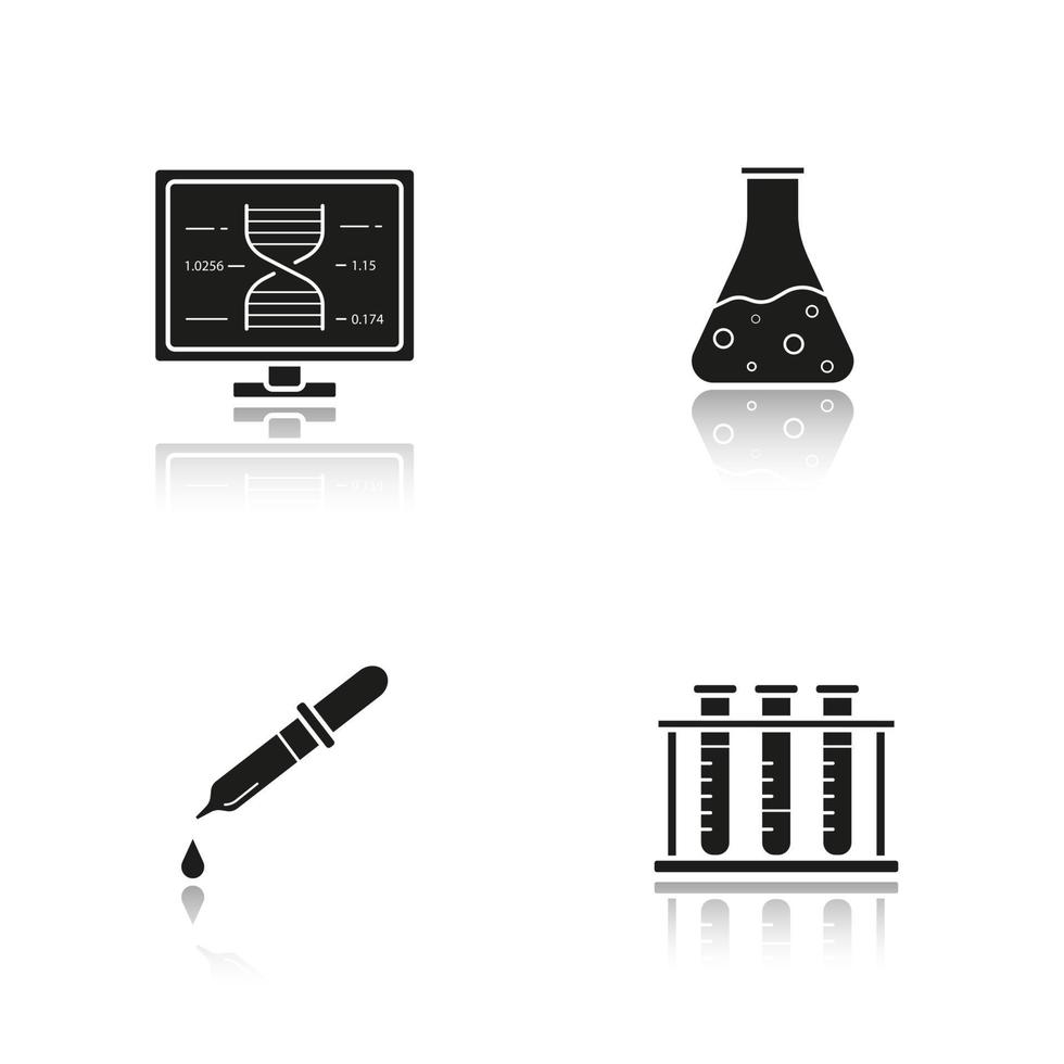 Science laboratory equipment drop shadow black icons set. Dna computer research, beaker with liquid, medical dropper, test tubes rack. Isolated vector illustrations