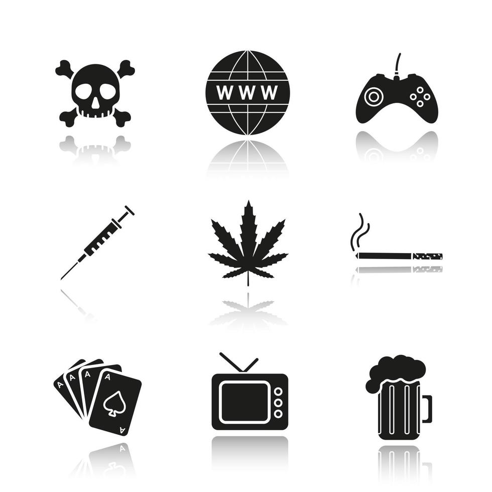 Addictions and bad habits drop shadow black icons set. Skull and crossbones, www globe, gamepad, syringe, marijuana leaf, cigarette, cards deck, tv, beer mug. Isolated vector illustrations