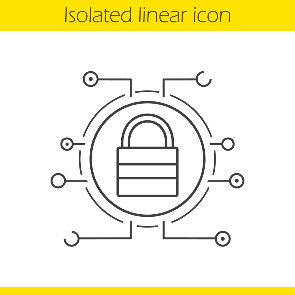 Lock linear digital icon. Thin line illustration. Contour symbol. Access denied. Closed padlock in microchip pathways. Cyber security. Vector isolated outline drawing