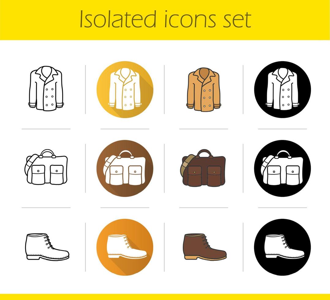 Conjunto de iconos de accesorios de otoño. diseño plano, estilos lineales, negros y de color. chaqueta, bolso de hombre y bota. ilustraciones vectoriales aisladas vector