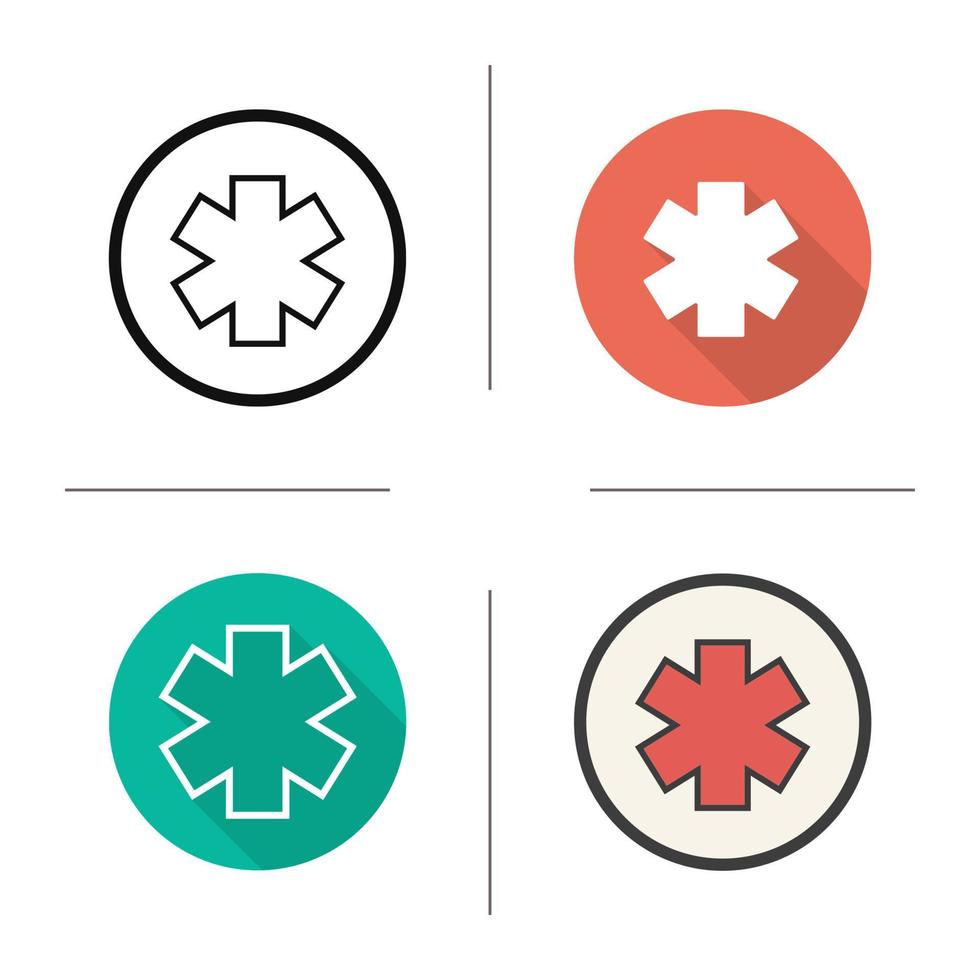 Star of life icon. Flat design, linear and color styles. Ambulance emblem. Isolated vector illustrations