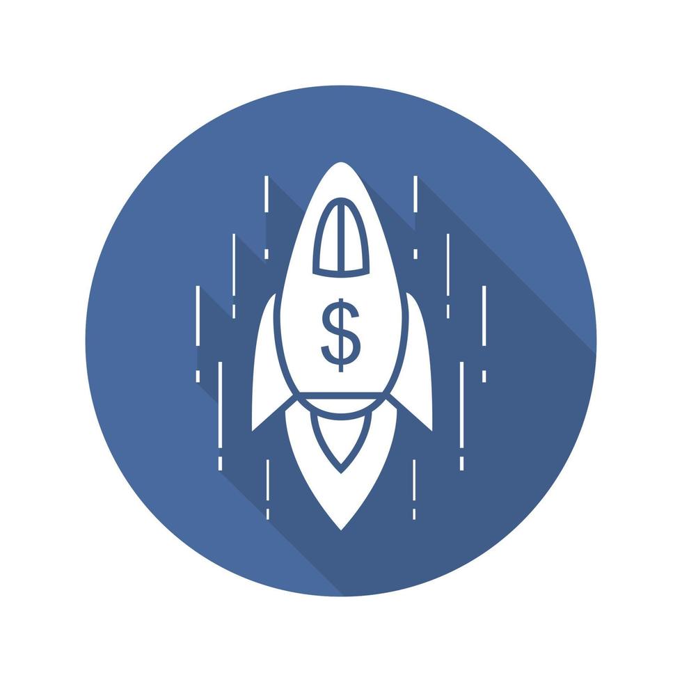 Spaceship flat design long shadow icon. Goal achievement symbol. Rocket spaceship with dollar sign. Vector silhouette symbol