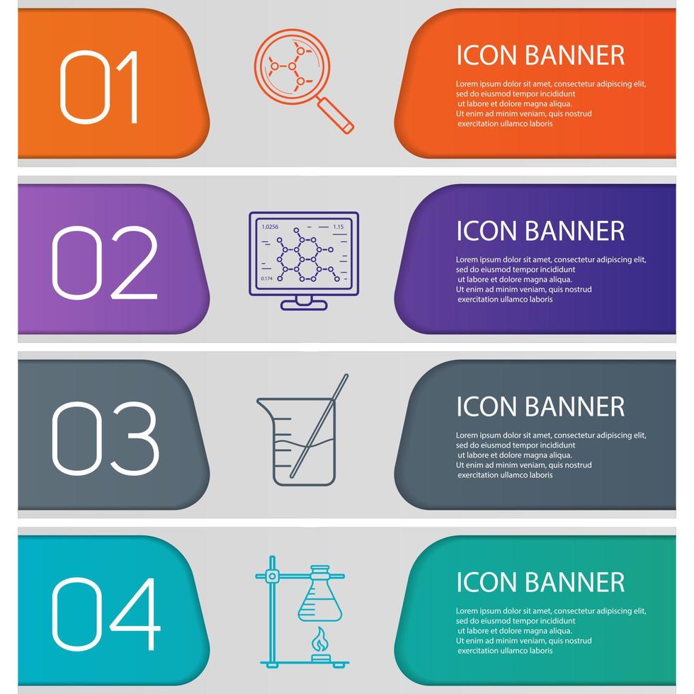 Chemical lab banner templates set. Easy to edit. Beaker, molecular science and analysis, ring stand with flask. Website menu items with linear icons. Color web banner. Vector headers design concepts