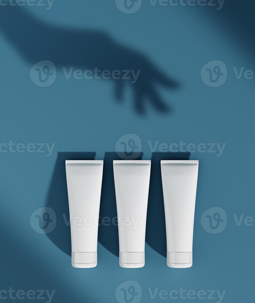 Minimal modern abstract cosmetic background for product presentation. Sunshade shadow of female hand on blue wall. 3d render photo