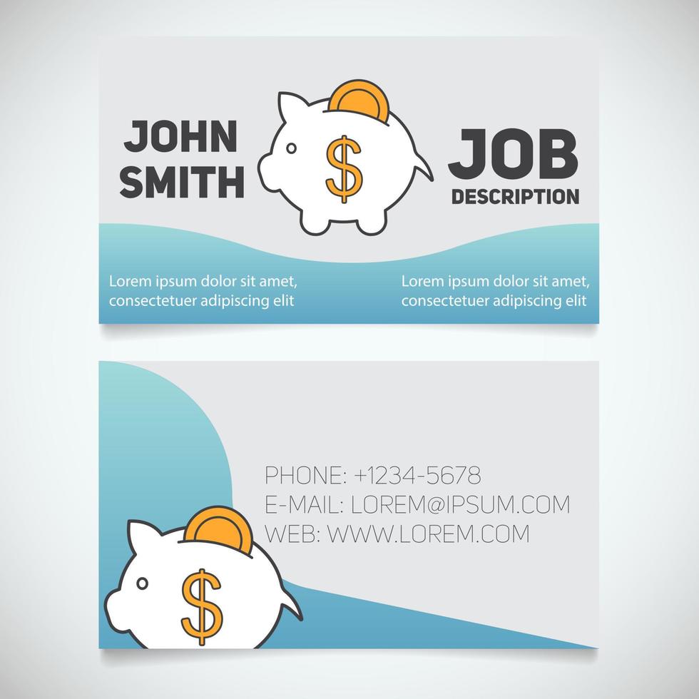 Business card print template with piggy bank logo. Easy edit. Manager. Banker. Investor. Economist. Stationery design concept. Vector illustration