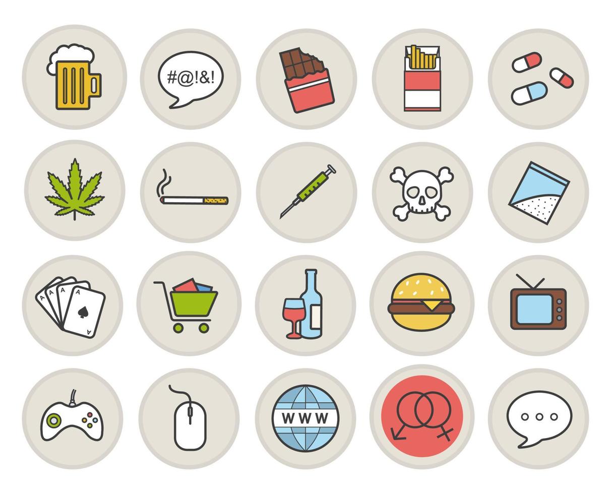 Conjunto de iconos de colores de adicciones y malos hábitos. tabaquismo, alcoholismo, juegos de azar, juegos de azar, obesidad, juramentos, símbolos de abuso de drogas. ilustraciones vectoriales aisladas vector